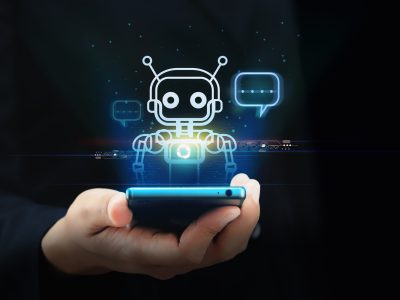 Digital chatbots on smartphones access data and information in online networks. Robot Applications and Global Connectivity AI Artificial Intelligence innovation and technology