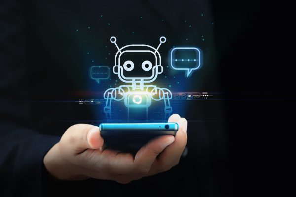 Digital chatbots on smartphones access data and information in online networks. Robot Applications and Global Connectivity AI Artificial Intelligence innovation and technology